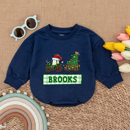 Personalized Tractor Christmas Romper for Baby Boy First Christmas Outfit Custom Name Winter Clothes Christmas Baby Shower Gift Red & Green Newborn Clothes
