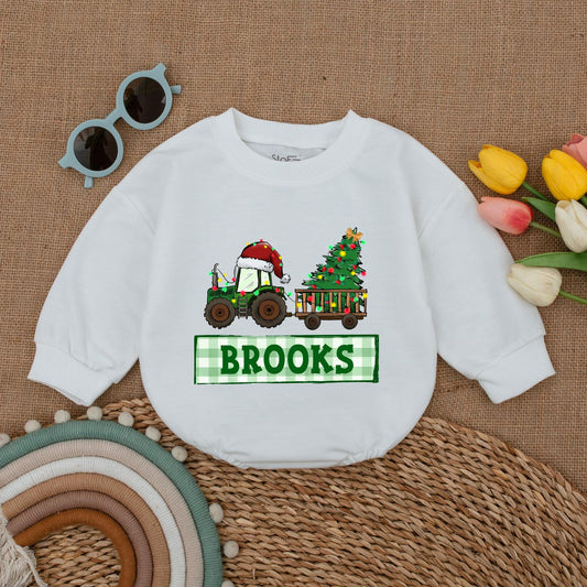 Personalized Tractor Christmas Romper for Baby Boy First Christmas Outfit Custom Name Winter Clothes Christmas Baby Shower Gift Red & Green Newborn Clothes
