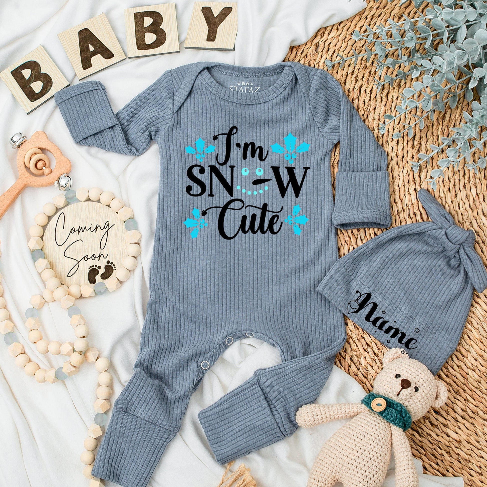 I'm Snow Cute Baby Romper - Soft Christmas Newborn Outfit, Teal Holly Accent, Funny Winter Pun Long Sleeve Going Home Gift for Boys and Girls