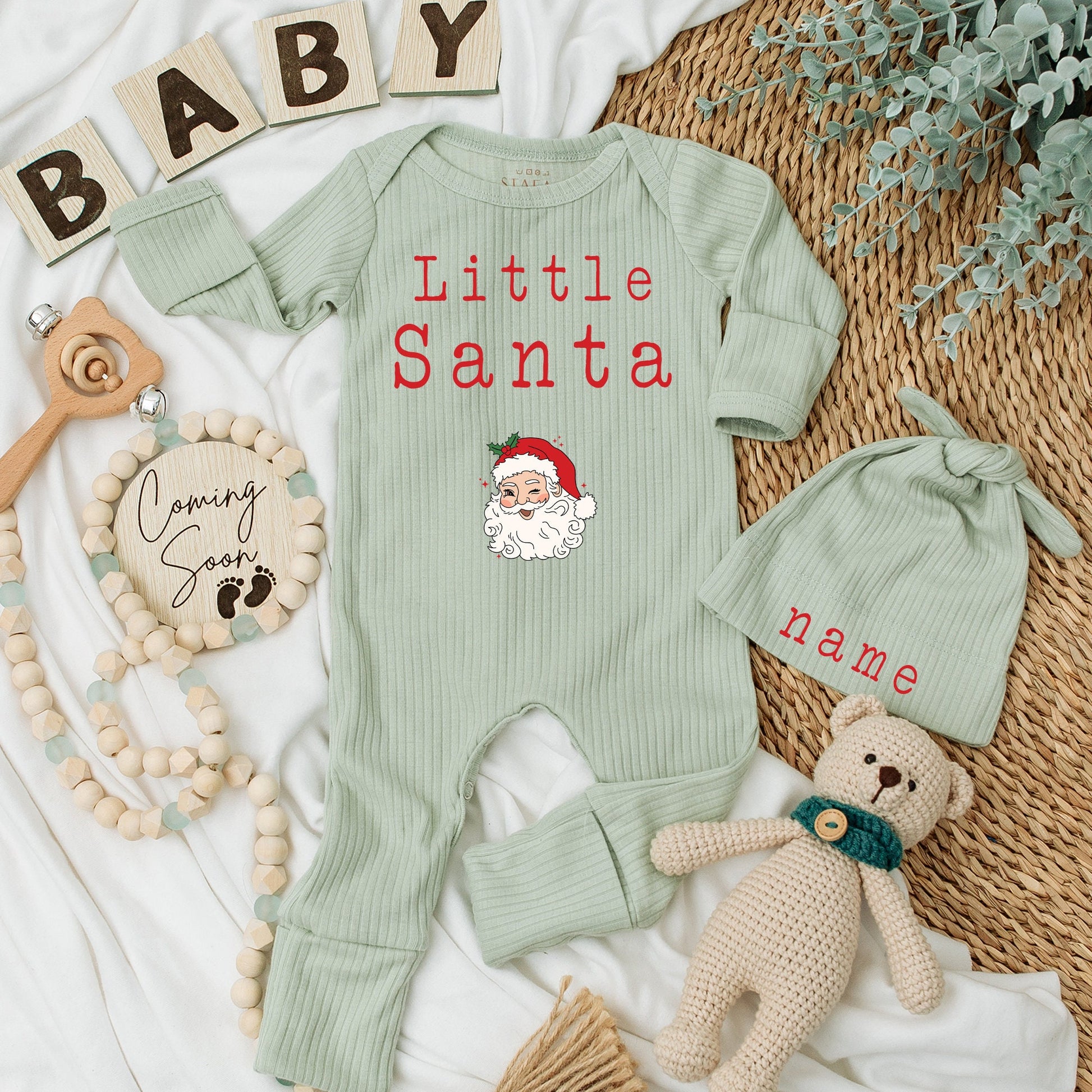 Little Santa Romper Cute Baby Long Sleeve Outfit Soft Going Home Newborn Gift Baby Shower Christmas Santa Baby Stars Whimsical Cartoon