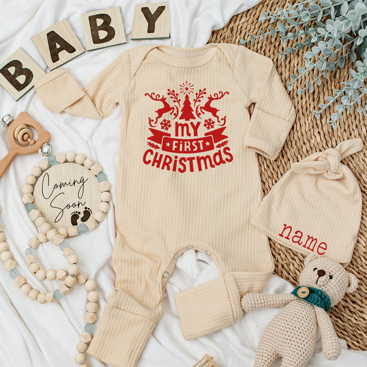 My First Christmas Baby Romper with Reindeer Snowflakes & Red Banner Custom Newborn Outfit for Boys Girls Baby Shower Christmas Gift