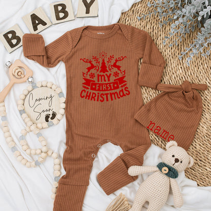 My First Christmas Baby Romper with Reindeer Snowflakes & Red Banner Custom Newborn Outfit for Boys Girls Baby Shower Christmas Gift
