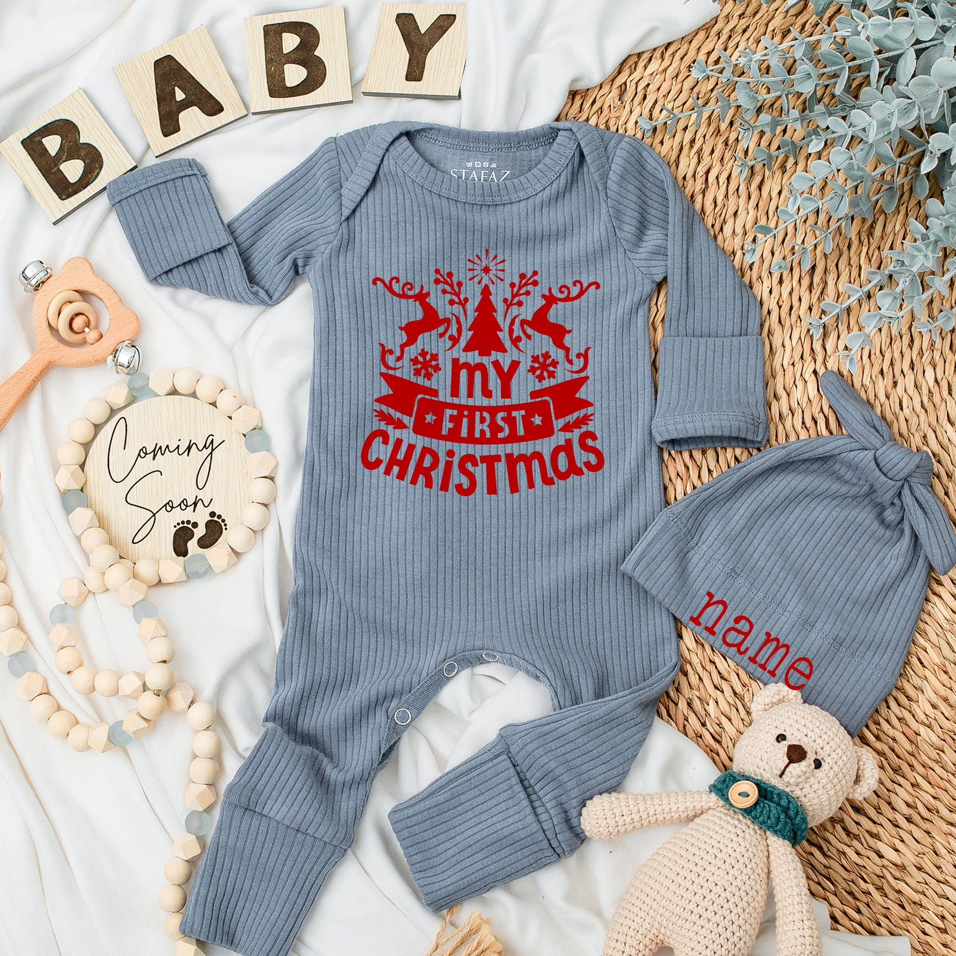 My First Christmas Baby Romper with Reindeer Snowflakes & Red Banner Custom Newborn Outfit for Boys Girls Baby Shower Christmas Gift