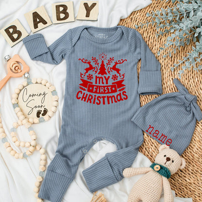 My First Christmas Baby Romper with Reindeer Snowflakes & Red Banner Custom Newborn Outfit for Boys Girls Baby Shower Christmas Gift
