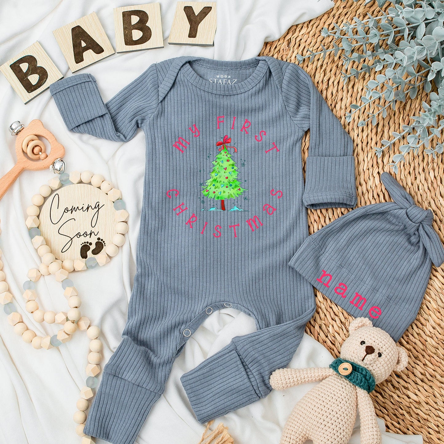 My First Christmas Baby Romper: Pink 'My First Christmas' Design with Christmas Tree Newborn Gift, Baby Girl & Boy Outfits