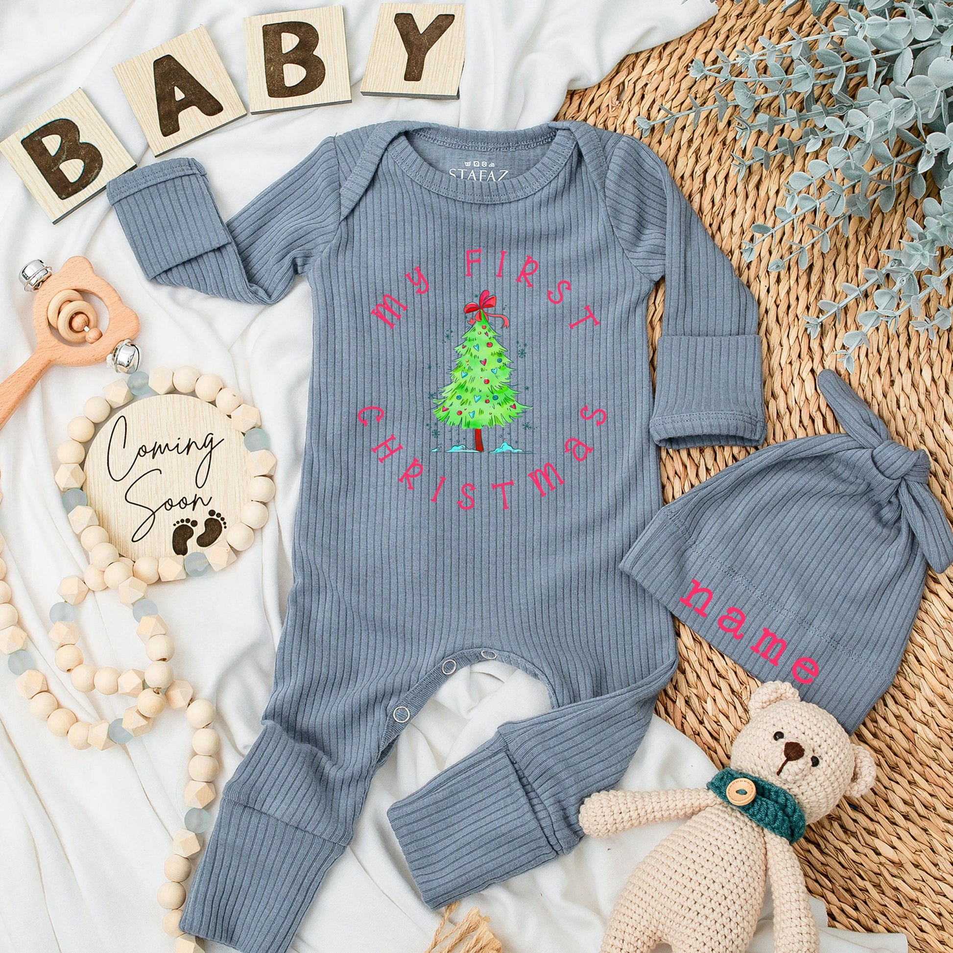 My First Christmas Baby Romper: Pink 'My First Christmas' Design with Christmas Tree Newborn Gift, Baby Girl & Boy Outfits