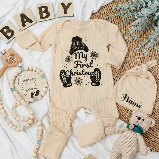 My First Christmas Baby Romper Soft Newborn Going Home Outfit Cute Winter Hat Mittens Custom Gift for Boys Girls Baby Shower Christmas Gifts
