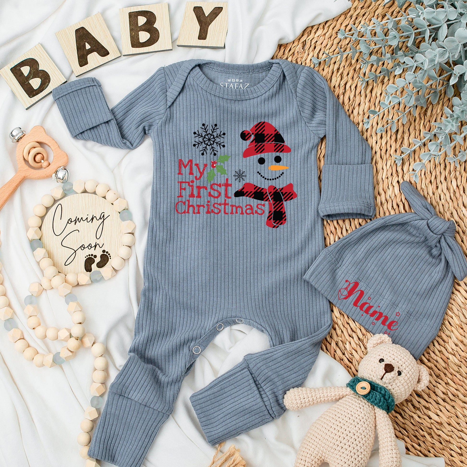 My First Christmas Baby Long Sleeve Romper Cute Snowman Buffalo Plaid Outfit Newborn Gift for Boys Girls