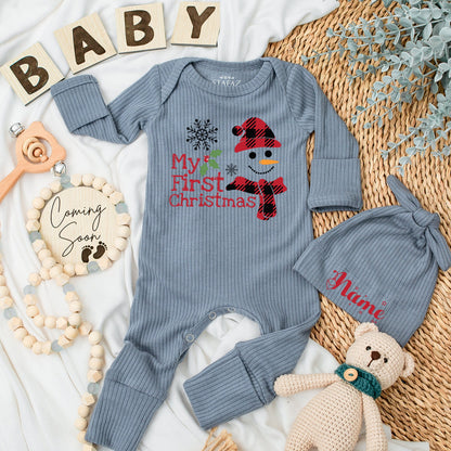 My First Christmas Baby Long Sleeve Romper Cute Snowman Buffalo Plaid Outfit Newborn Gift for Boys Girls