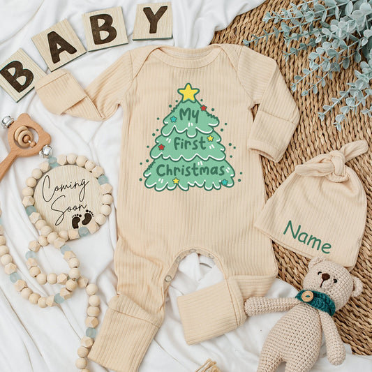 Whimsical My First Christmas Baby Long Sleeve Romper Green Tree & Stars Soft Cotton Newborn Going Home Outfit for Boys Girls Custom Holiday Gift