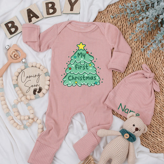 Whimsical My First Christmas Baby Long Sleeve Romper Green Tree & Stars Soft Cotton Newborn Going Home Outfit for Boys Girls Custom Holiday Gift