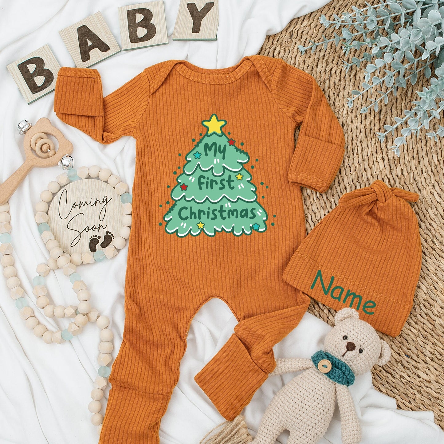 Whimsical My First Christmas Baby Long Sleeve Romper Green Tree & Stars Soft Cotton Newborn Going Home Outfit for Boys Girls Custom Holiday Gift