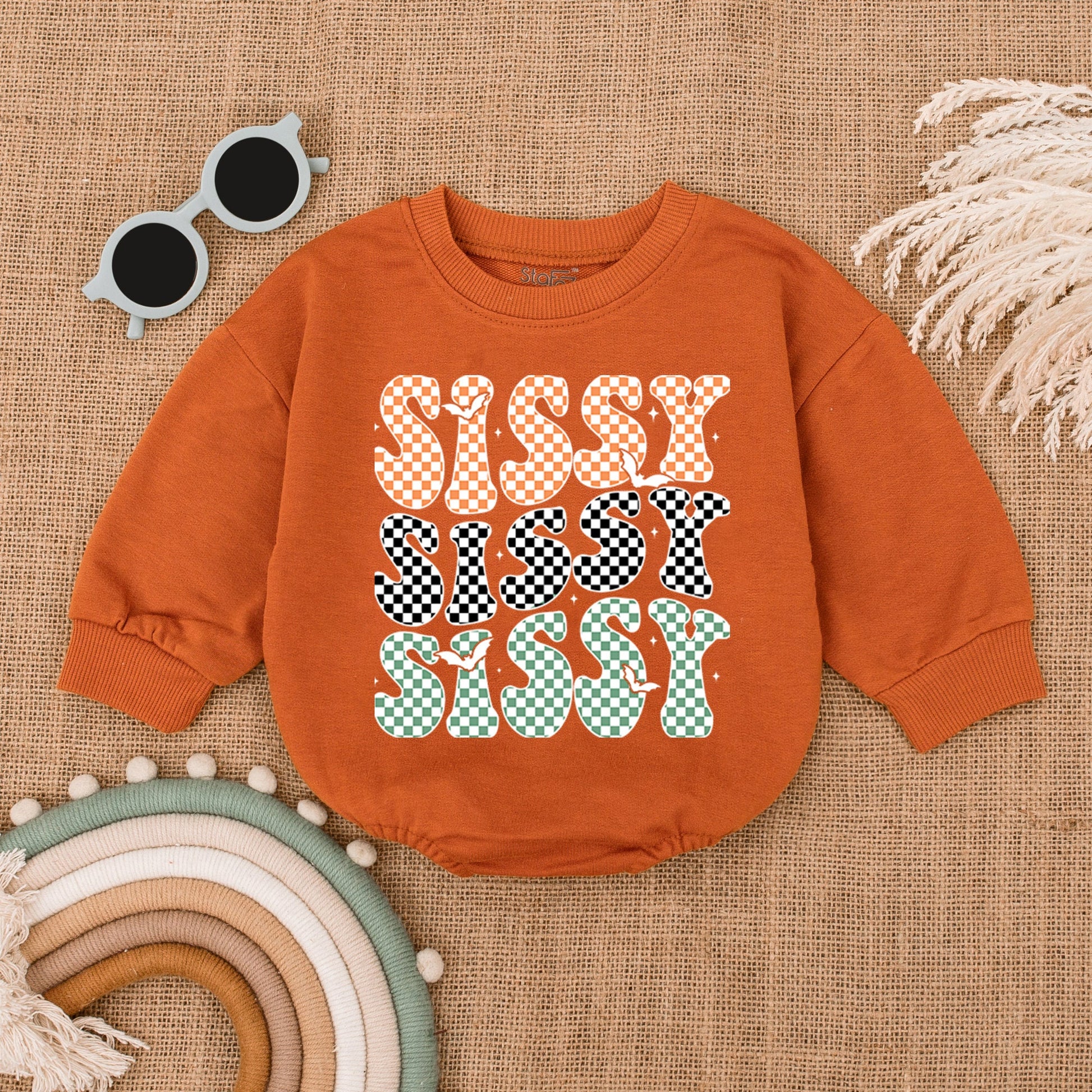Baby's First Halloween Bubble Romper Orange Black Green Checkered Sissy Bubs Bat Costume Infant Gift