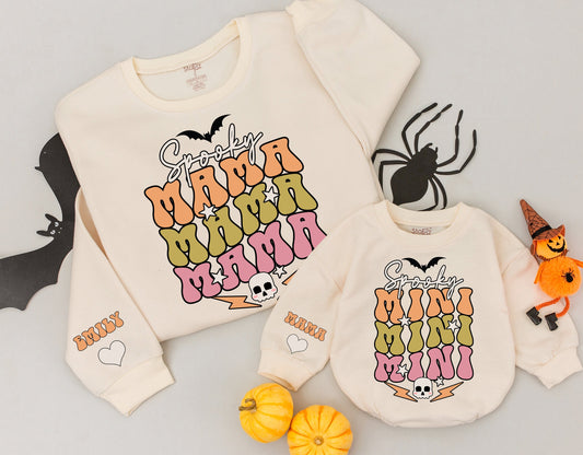 Retro Spooky Mama Mini Matching Halloween Sweatshirts, Peach Olive Pink Bat Design, Mommy and Me Outfits, Custom Sleeve Heart Detail 138