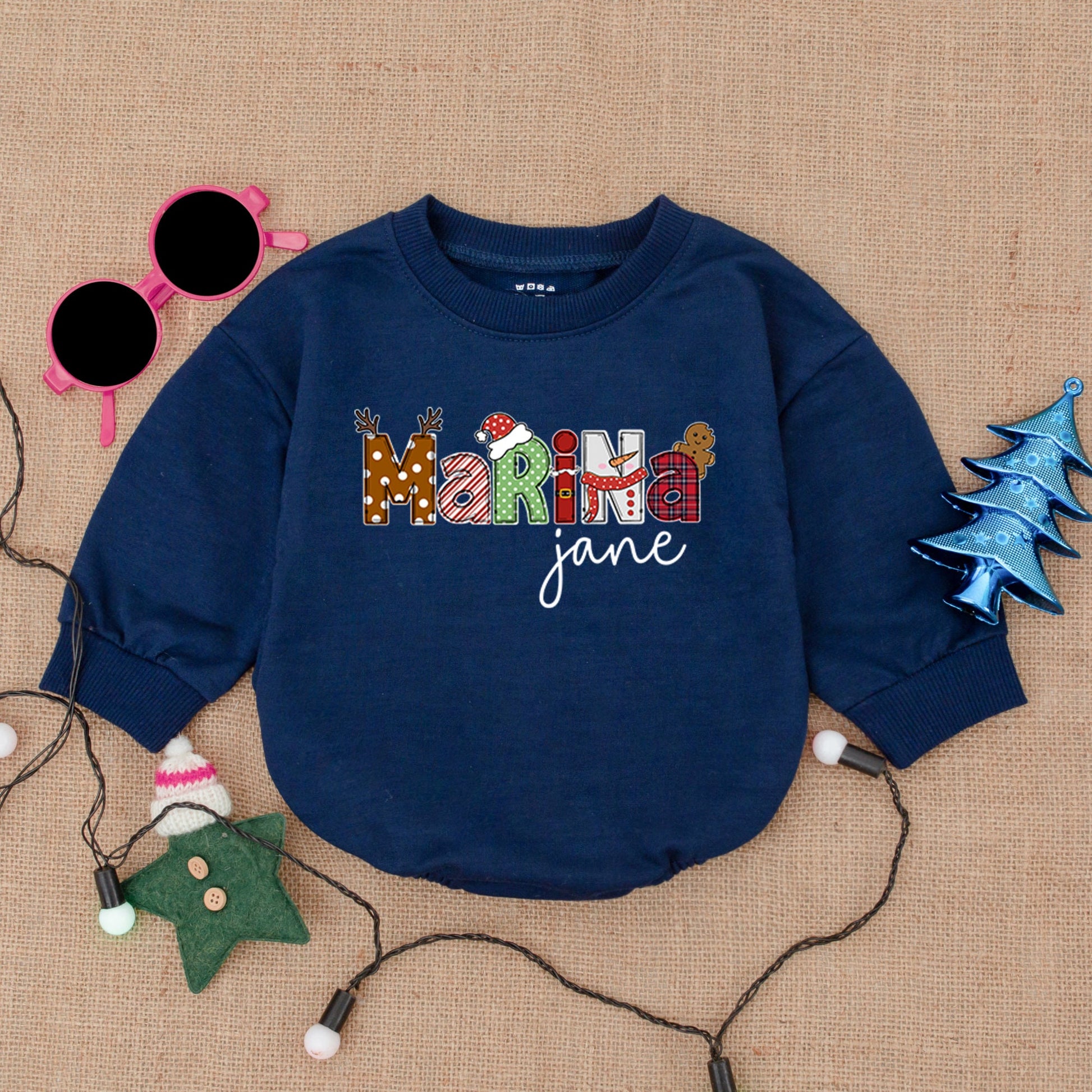 Custom Name Christmas Baby Bodysuit Festive Santa Reindeer Design with Gingerbread for First Holiday Season Soft Bubble Romper Infant Outfit Gift