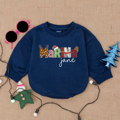 Custom Name Christmas Baby Bodysuit Festive Santa Reindeer Design with Gingerbread for First Holiday Season Soft Bubble Romper Infant Outfit Gift