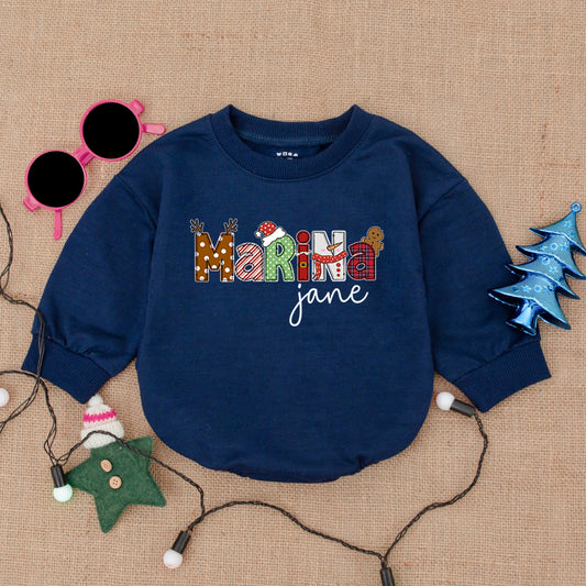 Custom Name Christmas Baby Bodysuit Festive Santa Reindeer Design with Gingerbread for First Holiday Season Soft Bubble Romper Infant Outfit Gift