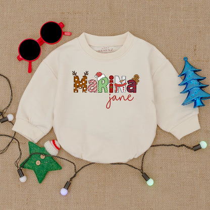 Custom Name Christmas Baby Bodysuit Festive Santa Reindeer Design with Gingerbread for First Holiday Season Soft Bubble Romper Infant Outfit Gift