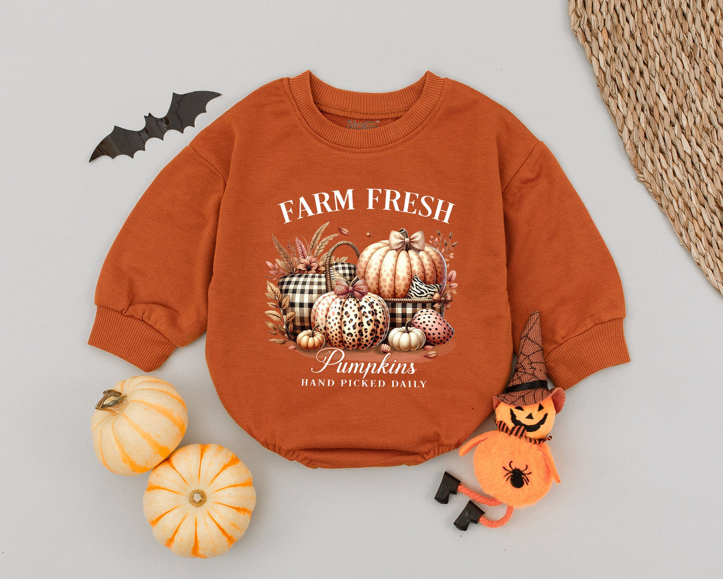 Farm Fresh Pumpkin Patch Baby Romper Halloween Outfit for Baby Girl, Fall Thanksgiving Bodysuit, First Costume, Rustic Design