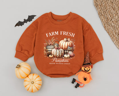 Farm Fresh Pumpkin Patch Baby Romper Halloween Outfit for Baby Girl, Fall Thanksgiving Bodysuit, First Costume, Rustic Design