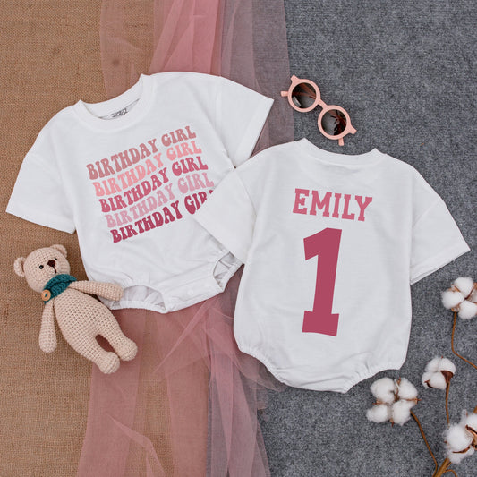 Personalized First Birthday Girl Bubble Romper Pink Retro Bubbly "BIRTHDAY GIRL" Print Stacked Gradient Short-Sleeve Outfit Infant Gift