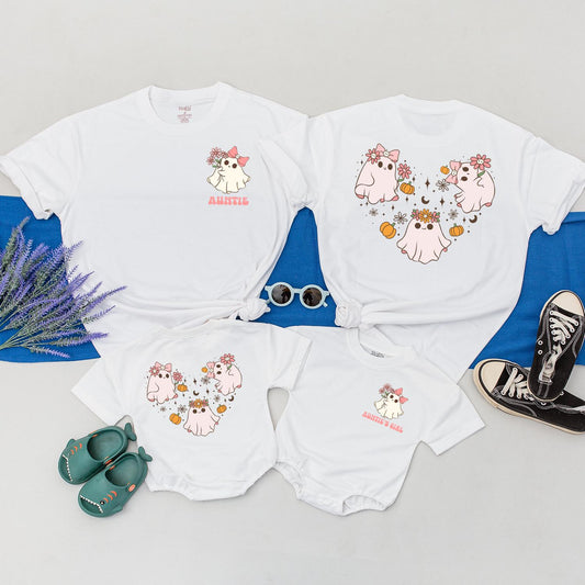 Matching Auntie's Girl Ghost Halloween Shirts: Pastel Bow & Pumpkin Design Spooky Family Outfits, Custom Kids' Gifts, Cozy Season