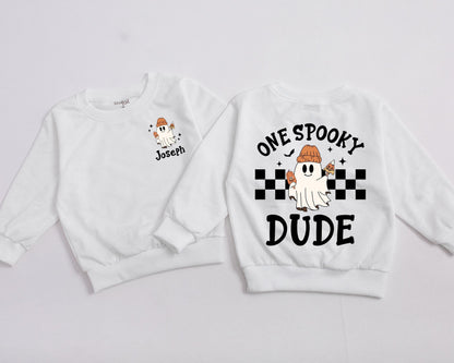 Personalized One Spooky Dude Sweatshirt Baby Boy First Halloween Outfit, Ghost Beanie & Candy Corn Design, Spooky Season, Coming Home