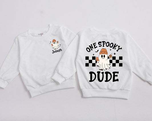 Personalized One Spooky Dude Sweatshirt Baby Boy First Halloween Outfit, Ghost Beanie & Candy Corn Design, Spooky Season, Coming Home