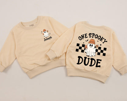 Personalized One Spooky Dude Sweatshirt Baby Boy First Halloween Outfit, Ghost Beanie & Candy Corn Design, Spooky Season, Coming Home