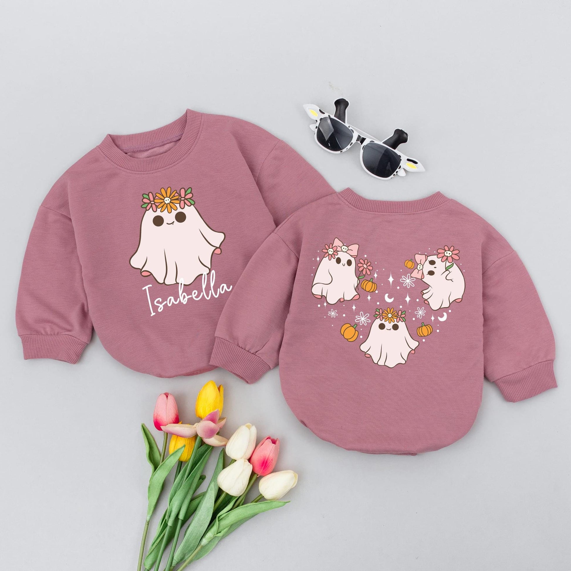 Personalized Isabella Ghost Halloween Romper Cute Cartoon Floral Crown Baby Bodysuit Whimsical Fall Outfit Newborn Toddler Infant Girl Gift