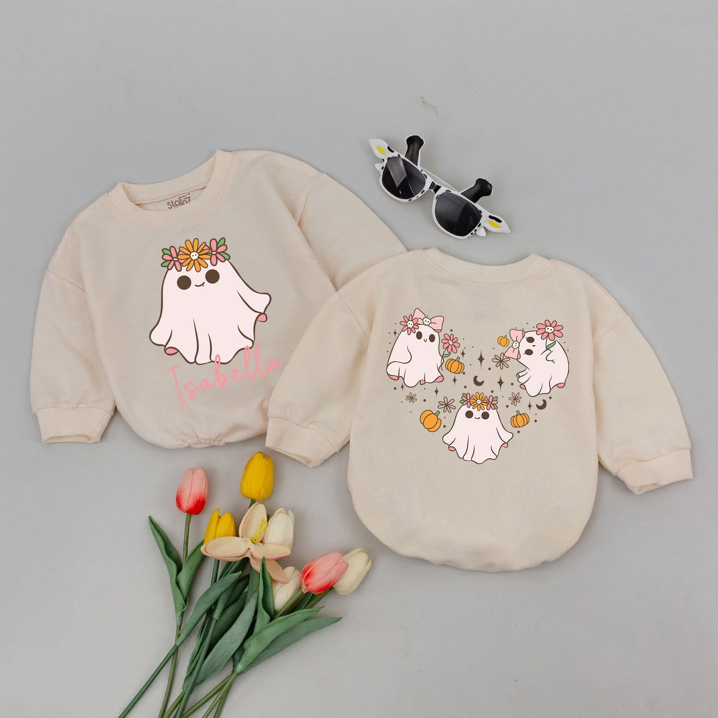 Personalized Isabella Ghost Halloween Romper Cute Cartoon Floral Crown Baby Bodysuit Whimsical Fall Outfit Newborn Toddler Infant Girl Gift