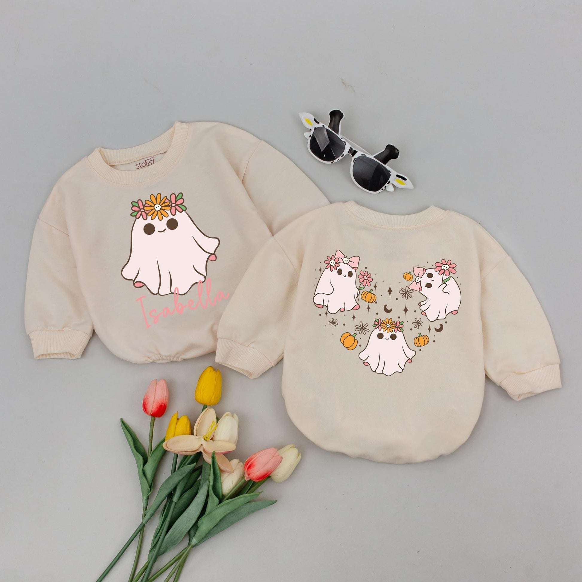 Personalized Isabella Ghost Halloween Romper Cute Cartoon Floral Crown Baby Bodysuit Whimsical Fall Outfit Newborn Toddler Infant Girl Gift