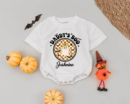 Custom Jashmine's First Halloween Romper: Daddy's Boo Vintage Ghost Outfit, Adorable Baby Boy Girl Bodysuit, Pumpkin Hat Spooky Celebration (138 chars)