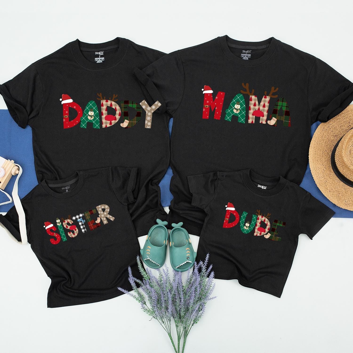 Festive Christmas Family Shirts Mama Daddy Brother Dude Matching Holiday Plaid Snowflakes Santa Reindeer Red Green Fun Family Reunion Tees
