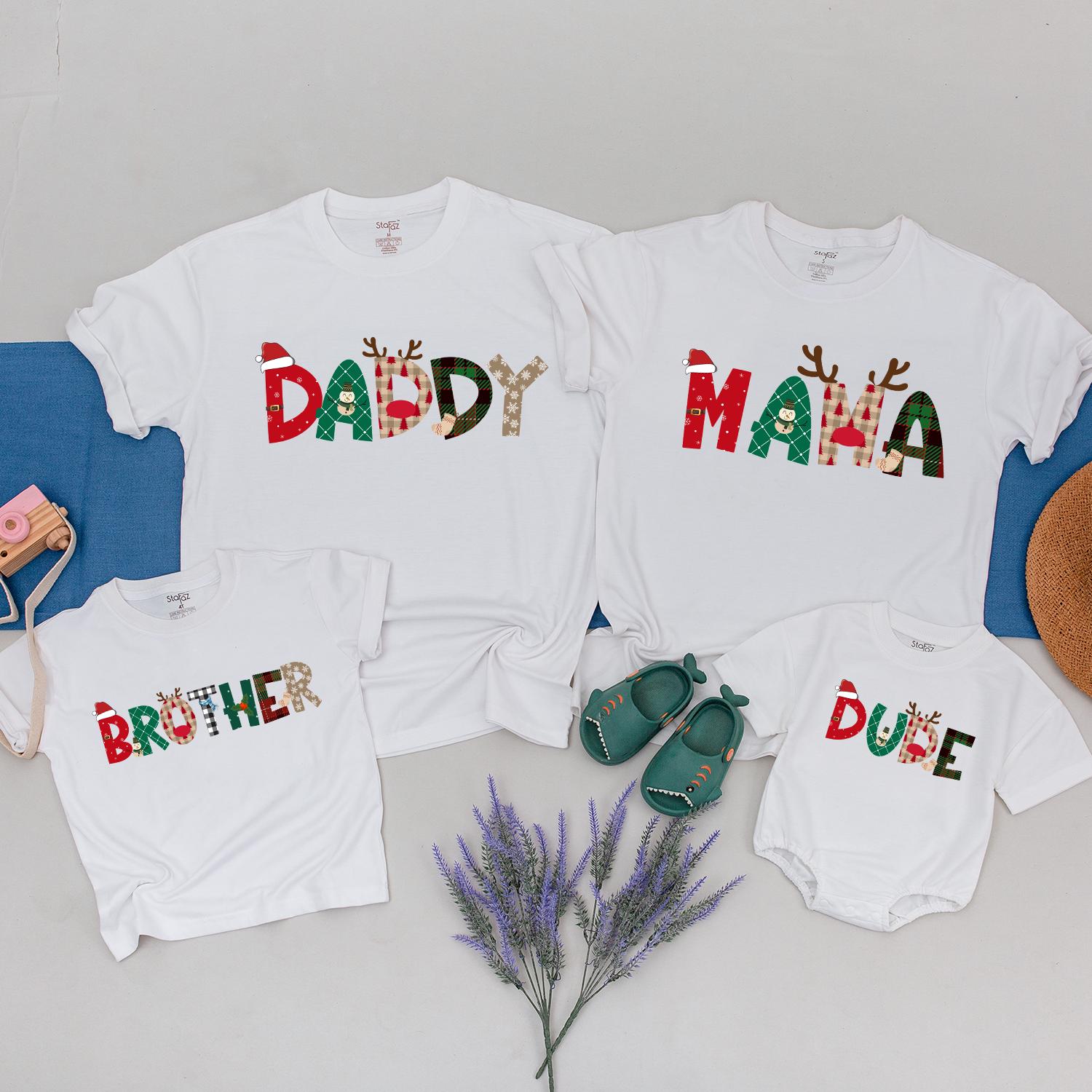 Festive Christmas Family Shirts Mama Daddy Brother Dude Matching Holiday Plaid Snowflakes Santa Reindeer Red Green Fun Family Reunion Tees