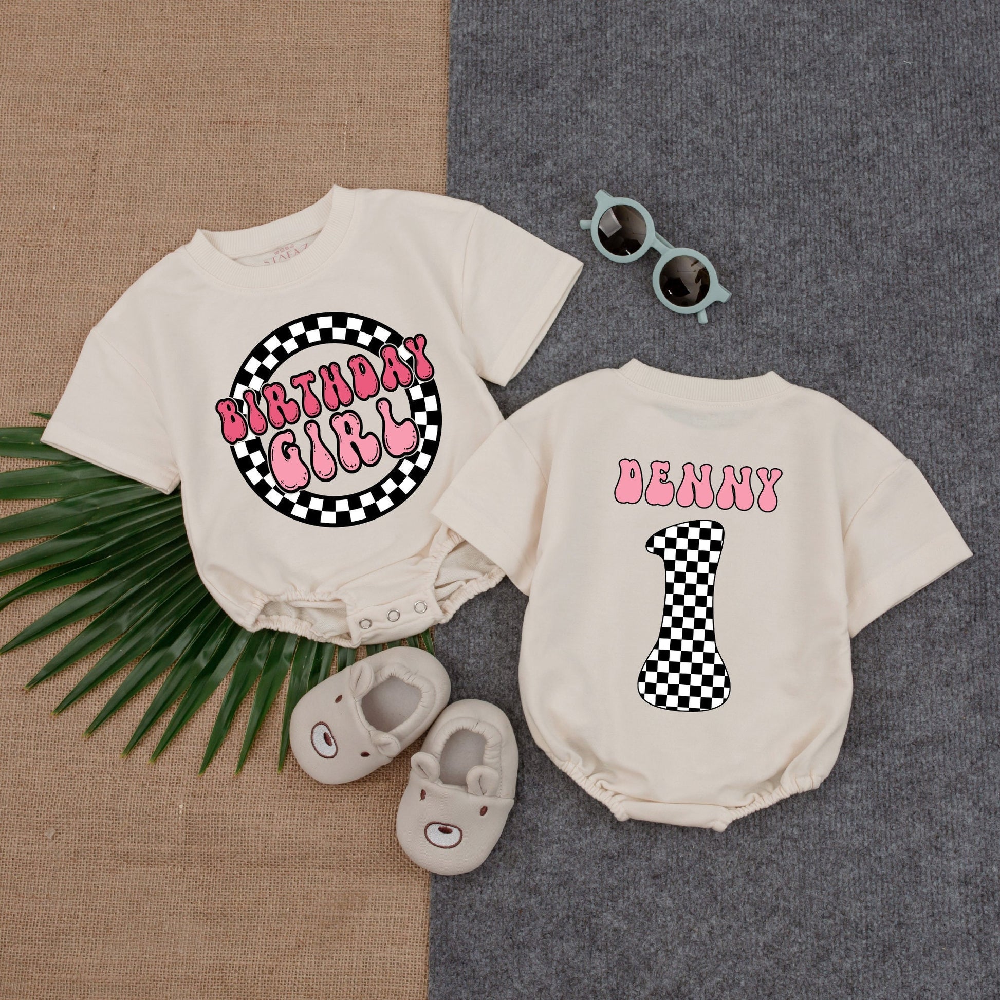 Personalized Birthday Girl Romper Checkered 1st Birthday Outfit Custom Name Pink Retro First Birthday Romper Baby Girl One Year Old Clothes