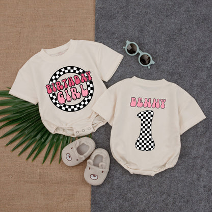 Personalized Birthday Girl Romper Checkered 1st Birthday Outfit Custom Name Pink Retro First Birthday Romper Baby Girl One Year Old Clothes