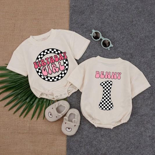 Personalized Birthday Girl Romper Checkered 1st Birthday Outfit Custom Name Pink Retro First Birthday Romper Baby Girl One Year Old Clothes