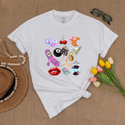 Y2K Collage Graphic Tee Fun Retro Hearts Cherries Croissant Flip Phone Martini Glass Summer Shirt Gift for Her