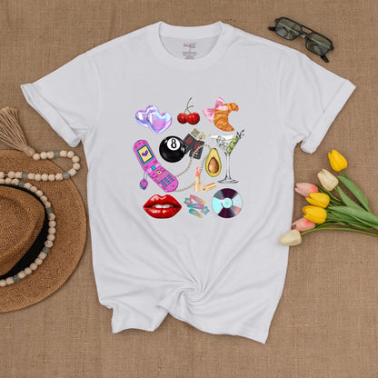 Y2K Collage Graphic Tee Fun Retro Hearts Cherries Croissant Flip Phone Martini Glass Summer Shirt Gift for Her