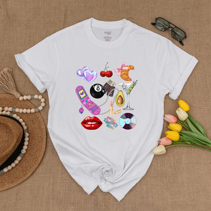Y2K Collage Graphic Tee Fun Retro Hearts Cherries Croissant Flip Phone Martini Glass Summer Shirt Gift for Her