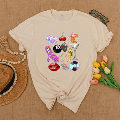 Y2K Collage Graphic Tee Fun Retro Hearts Cherries Croissant Flip Phone Martini Glass Summer Shirt Gift for Her