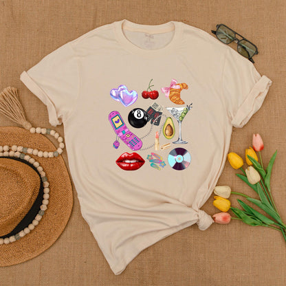 Y2K Collage Graphic Tee Fun Retro Hearts Cherries Croissant Flip Phone Martini Glass Summer Shirt Gift for Her