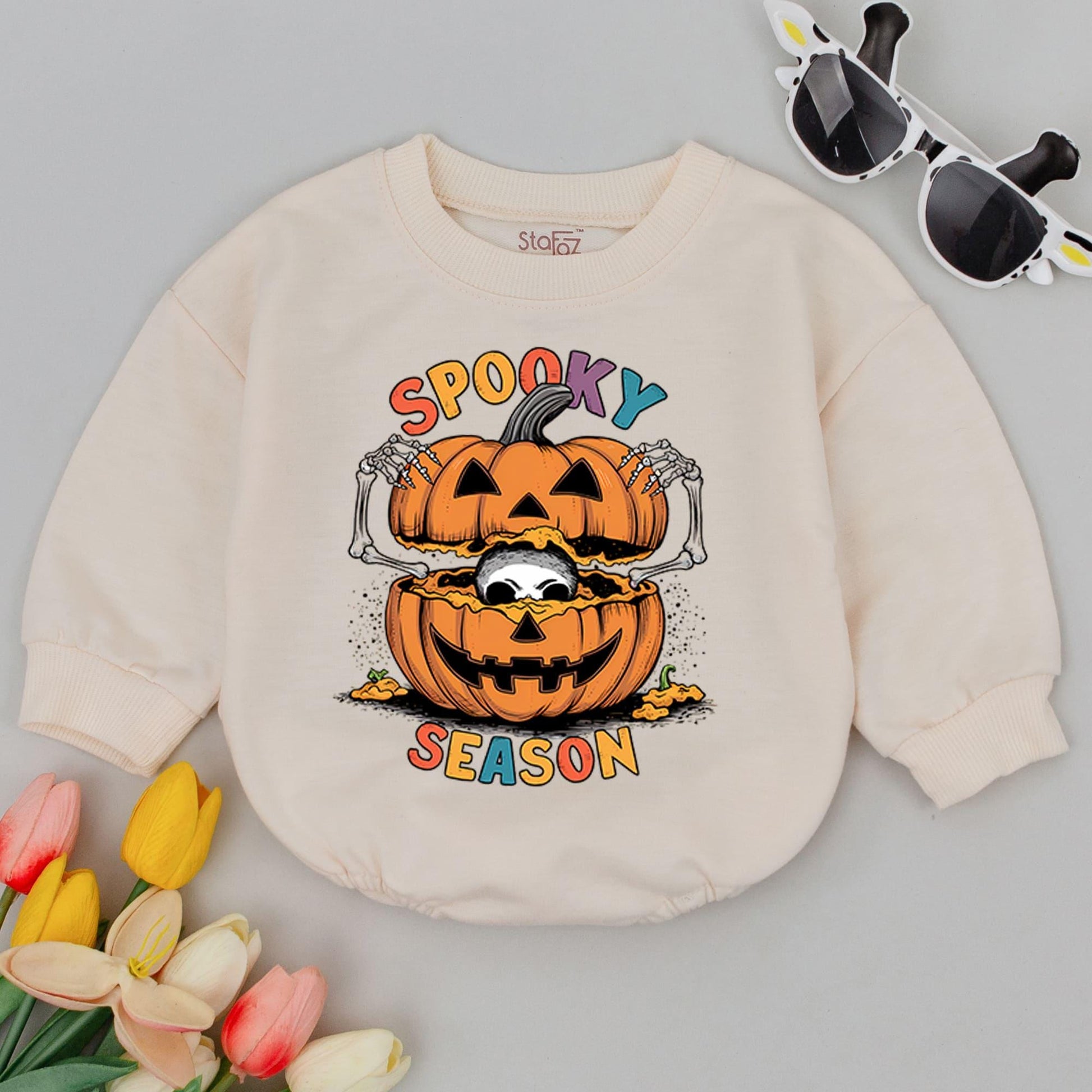 Spooky Season Baby Romper with Cute Jack-o'-Lantern Stack & Skeleton Hands, First Halloween Bodysuit Outfit, Festive Fall Infant Gift