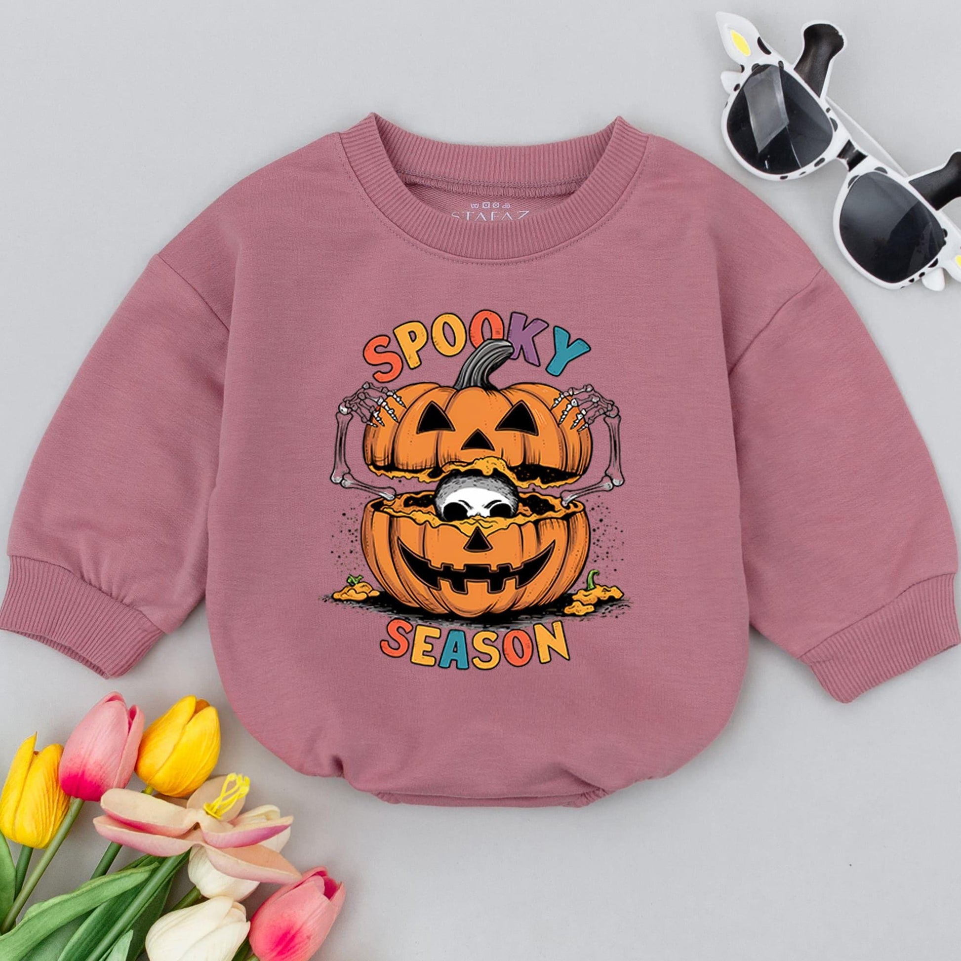 Spooky Season Baby Romper with Cute Jack-o'-Lantern Stack & Skeleton Hands, First Halloween Bodysuit Outfit, Festive Fall Infant Gift