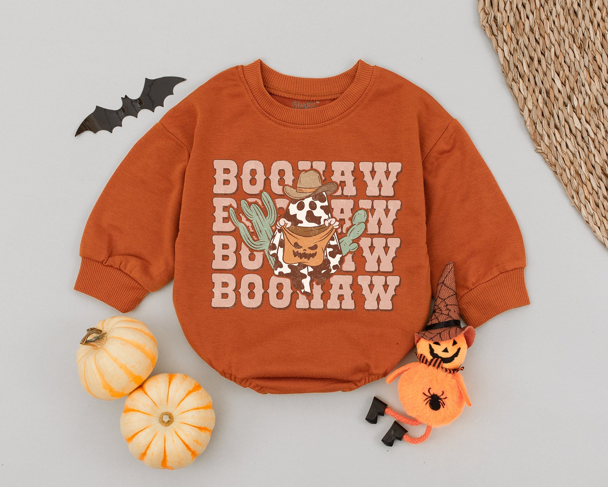 Retro Western Boo Haw Ghost Baby Romper - Cute 1st Halloween Outfit
