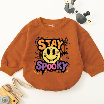 Stay Spooky Baby Romper 1st Halloween Bodysuit Cute Fall Outfit Smiley Face Spiderweb Retro Infant Clothes Orange Purple Gift
