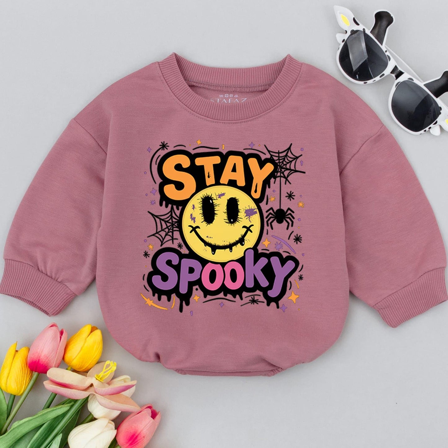 Stay Spooky Baby Romper 1st Halloween Bodysuit Cute Fall Outfit Smiley Face Spiderweb Retro Infant Clothes Orange Purple Gift