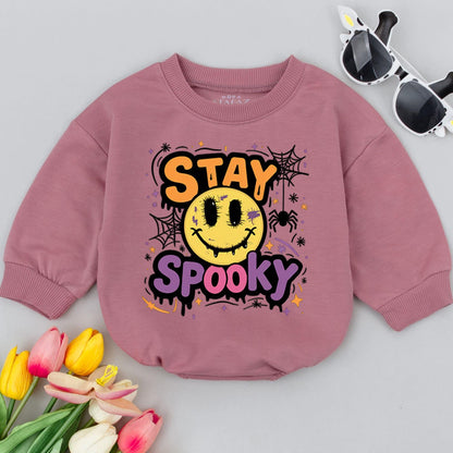 Stay Spooky Baby Romper 1st Halloween Bodysuit Cute Fall Outfit Smiley Face Spiderweb Retro Infant Clothes Orange Purple Gift