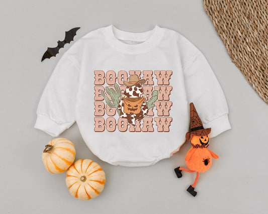 Retro Western Boo Haw Ghost Baby Romper - Cute 1st Halloween Outfit